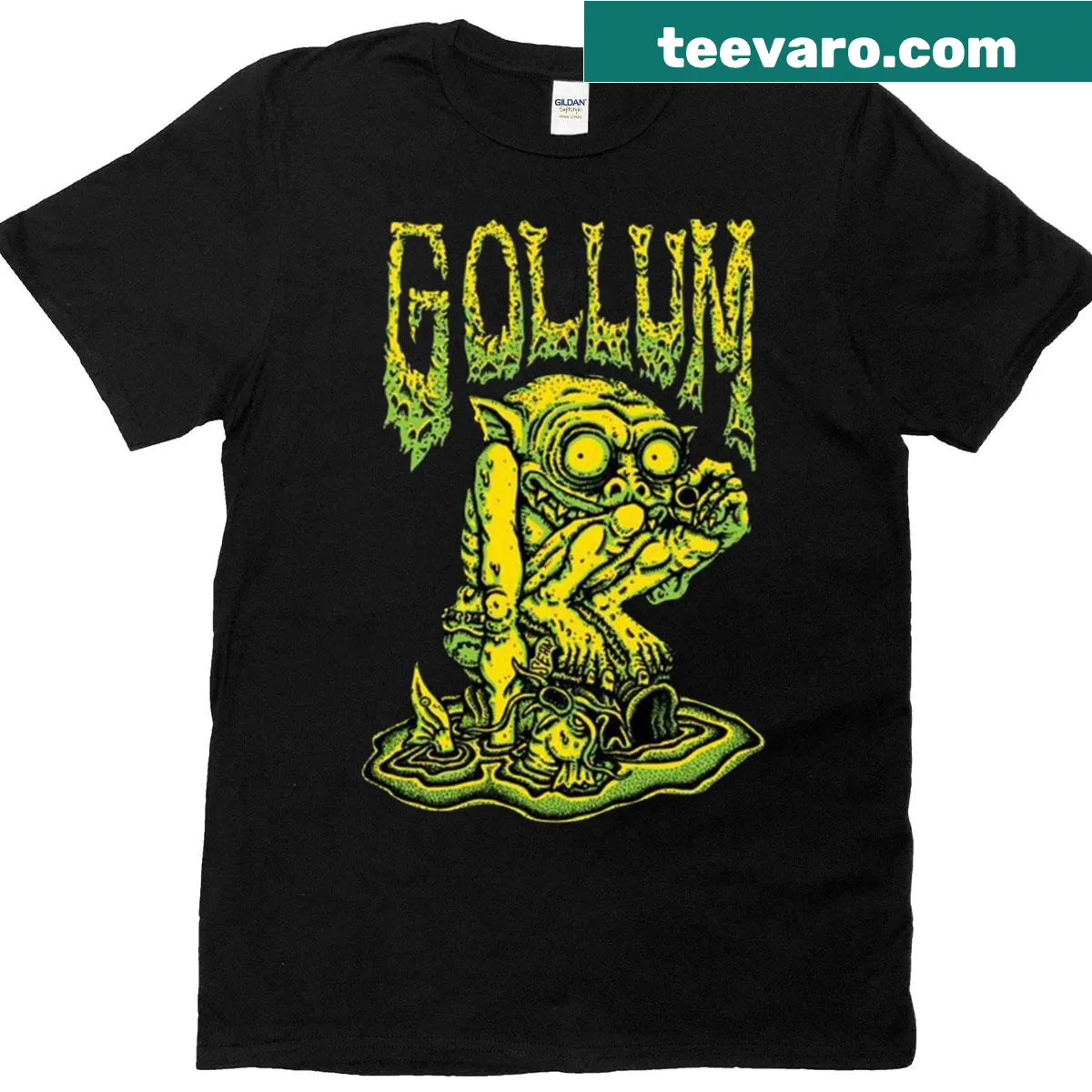 Graphic T-shirt featuring a whimsical illustration of Gollum. — on a men's t-shirt