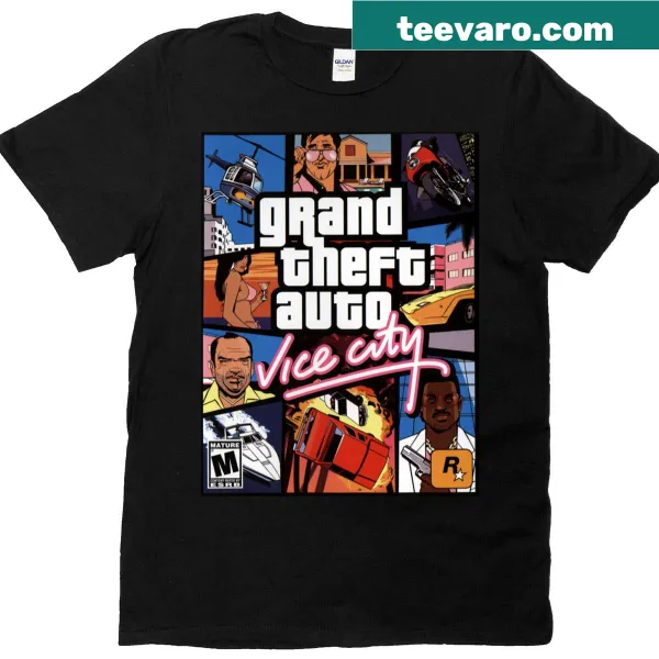 Retro Vice City T-shirt featuring game case art and logo design