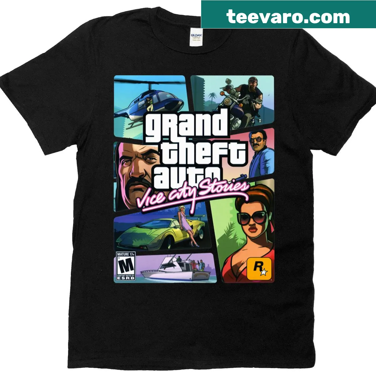 Oversized T-shirt featuring retro video game case art and logo from Vice City Stories. — on a men's t-shirt