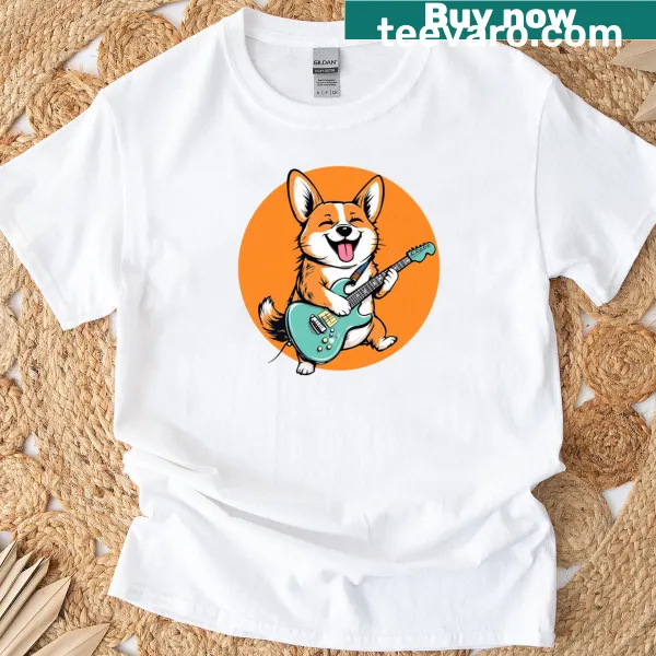 Funny corgi playing guitar graphic on a t-shirt