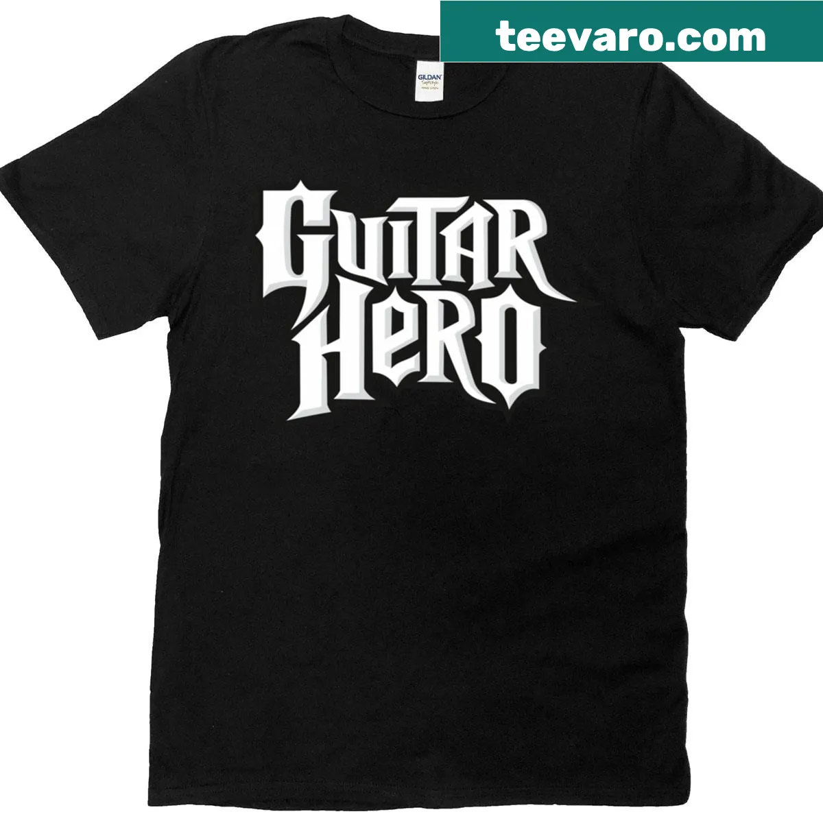 T-shirt featuring the retro logo of Guitar Hero video game franchise. — on a men's t-shirt