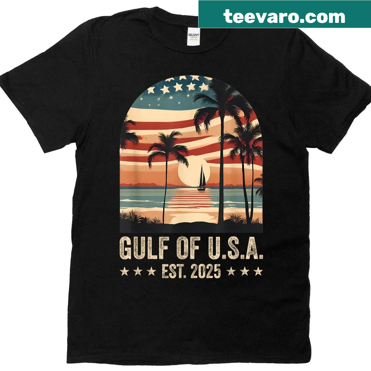 Vintage T-shirt featuring American flag and Gulf of USA design. — on a men's t-shirt