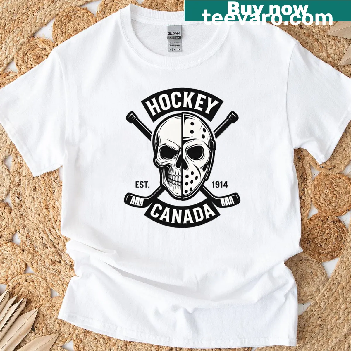 Half skull graphic of hockey theme on a T-shirt — on a men's t-shirt