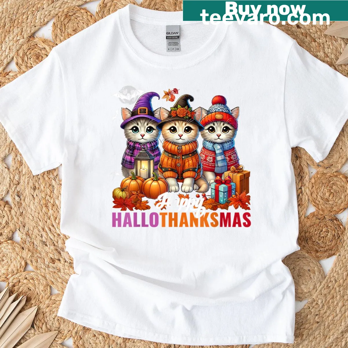 Cute cartoon cats celebrating Halloween, Thanksgiving, and Christmas — on a men's t-shirt