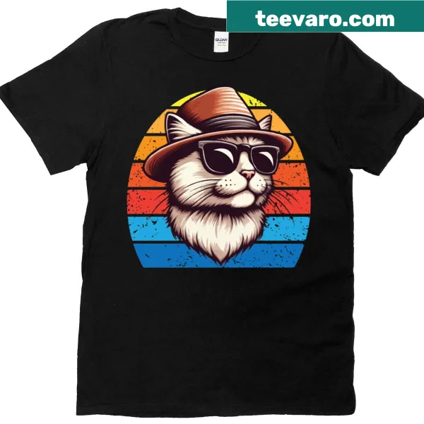 Cartoon T-shirt featuring a holiday cat wearing glasses.