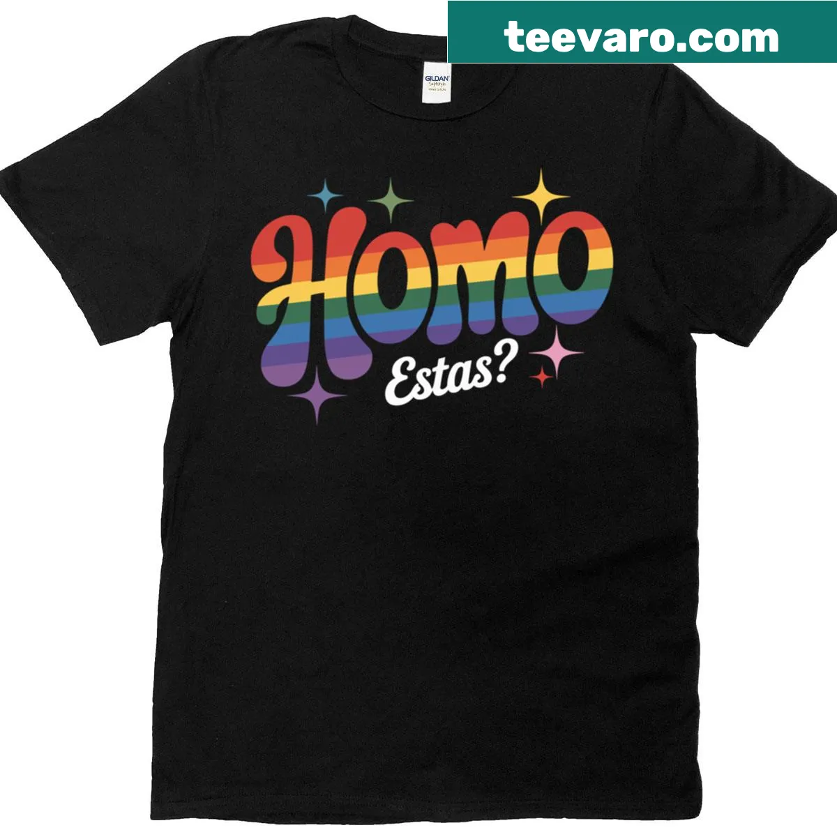 Typographic T-shirt with 'Homo Estas' promoting LGBTQ pride. — on a men's t-shirt
