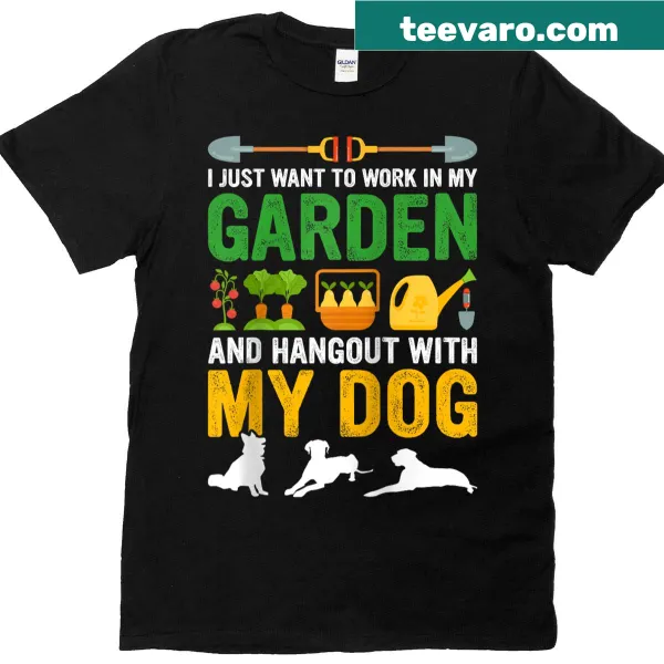 Whimsical T-shirt featuring gardening and dog themes