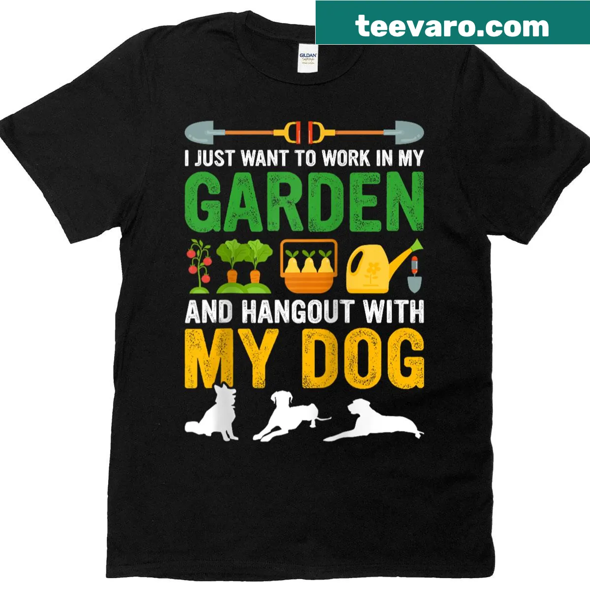 Whimsical T-shirt featuring gardening and dog themes — on a men's t-shirt