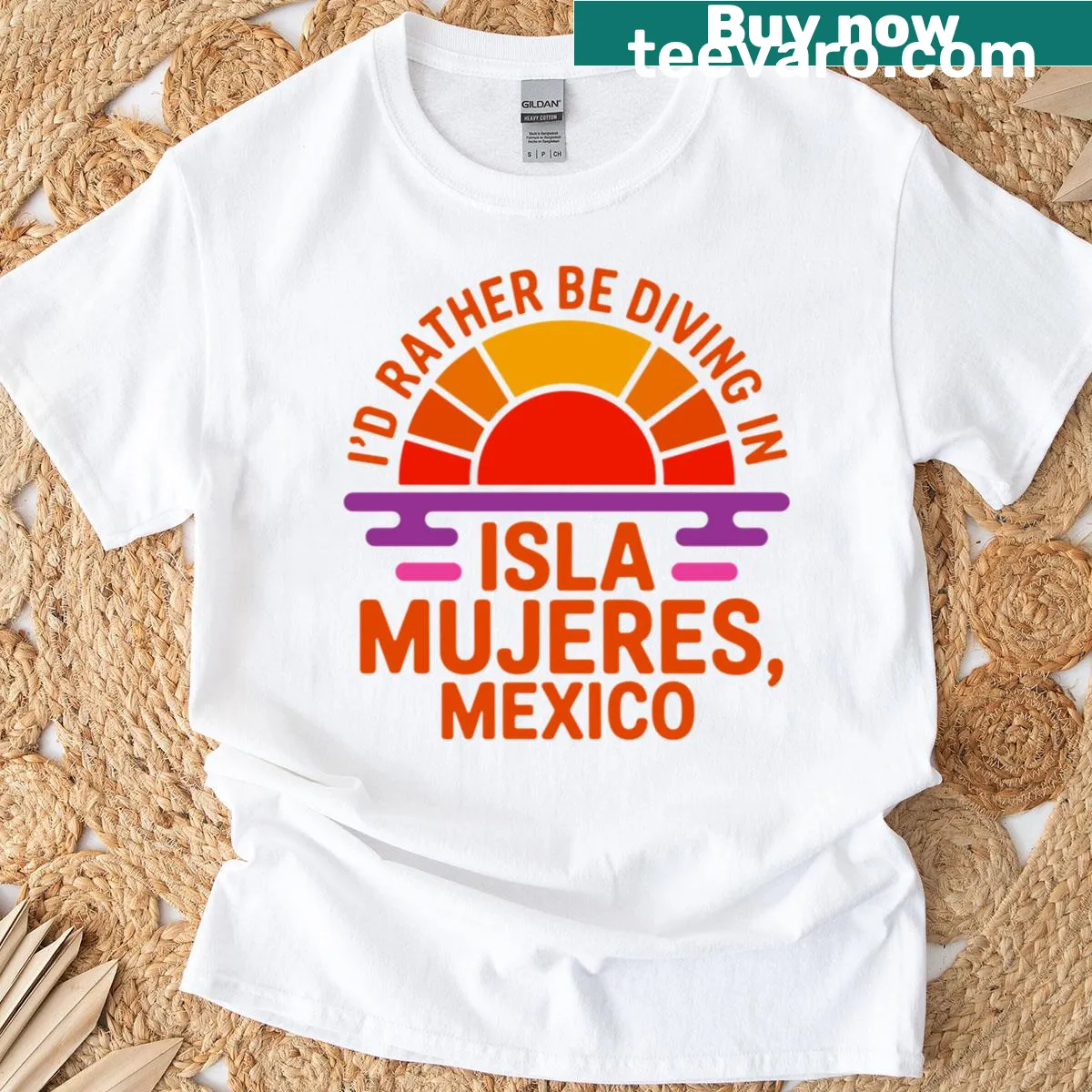 Playful diving-themed shirt for Isla Mujeres enthusiasts. — on a men's t-shirt