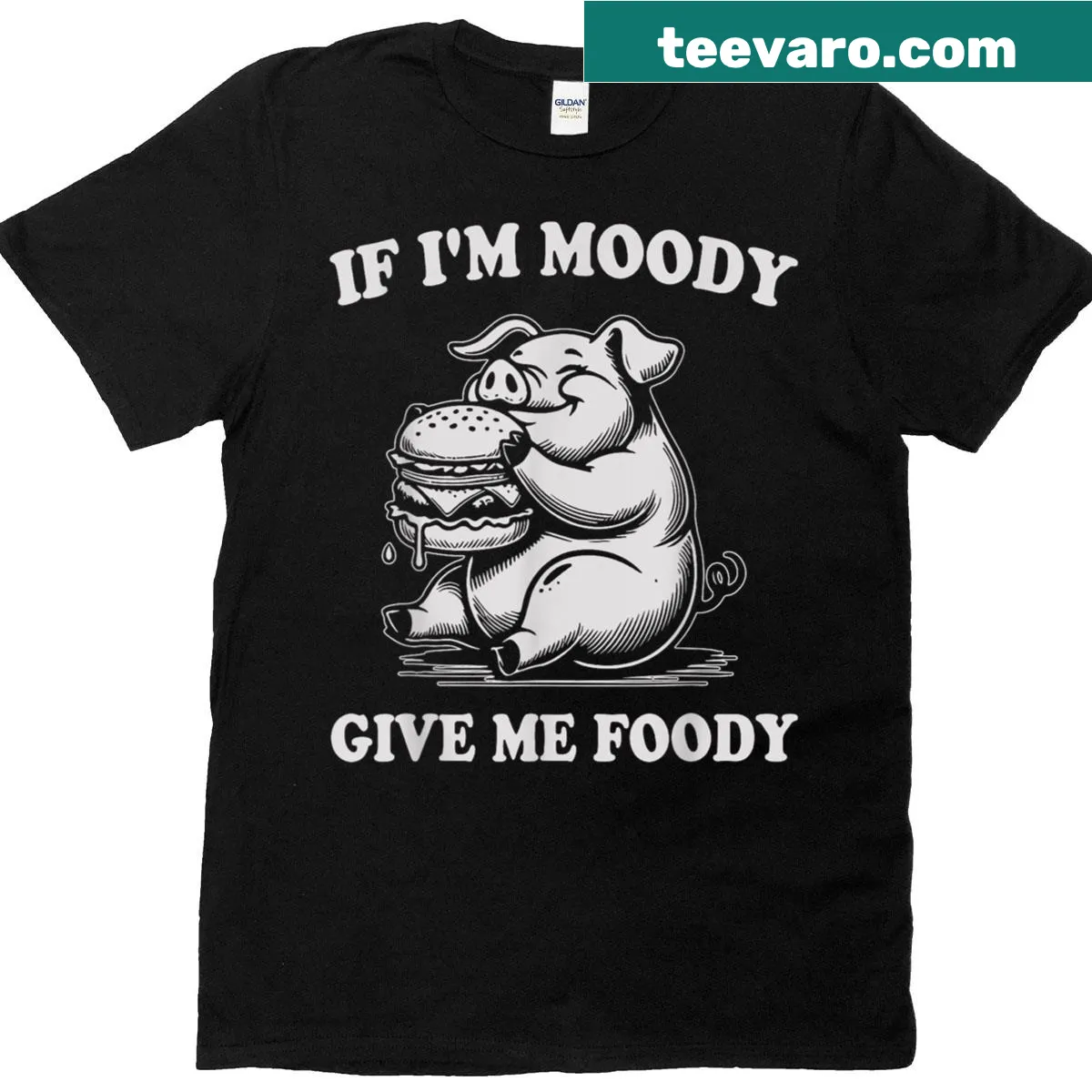 Funny t-shirt with a pig graphic and food-related saying — on a men's t-shirt