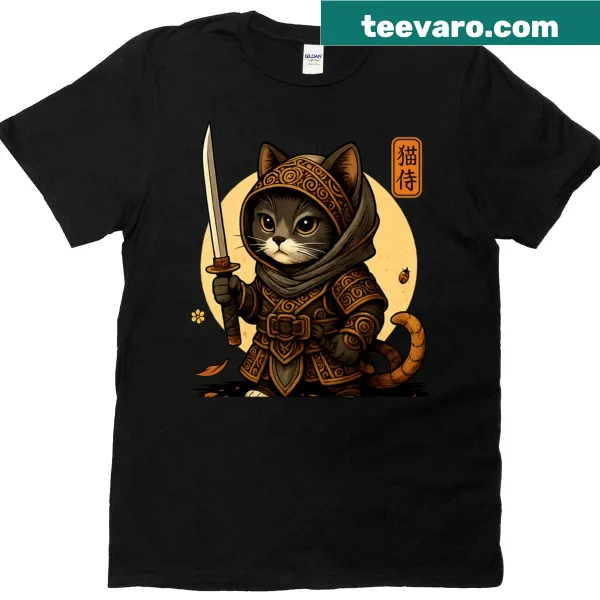 Kawaii ninja cat graphic in samurai style on T-shirt.