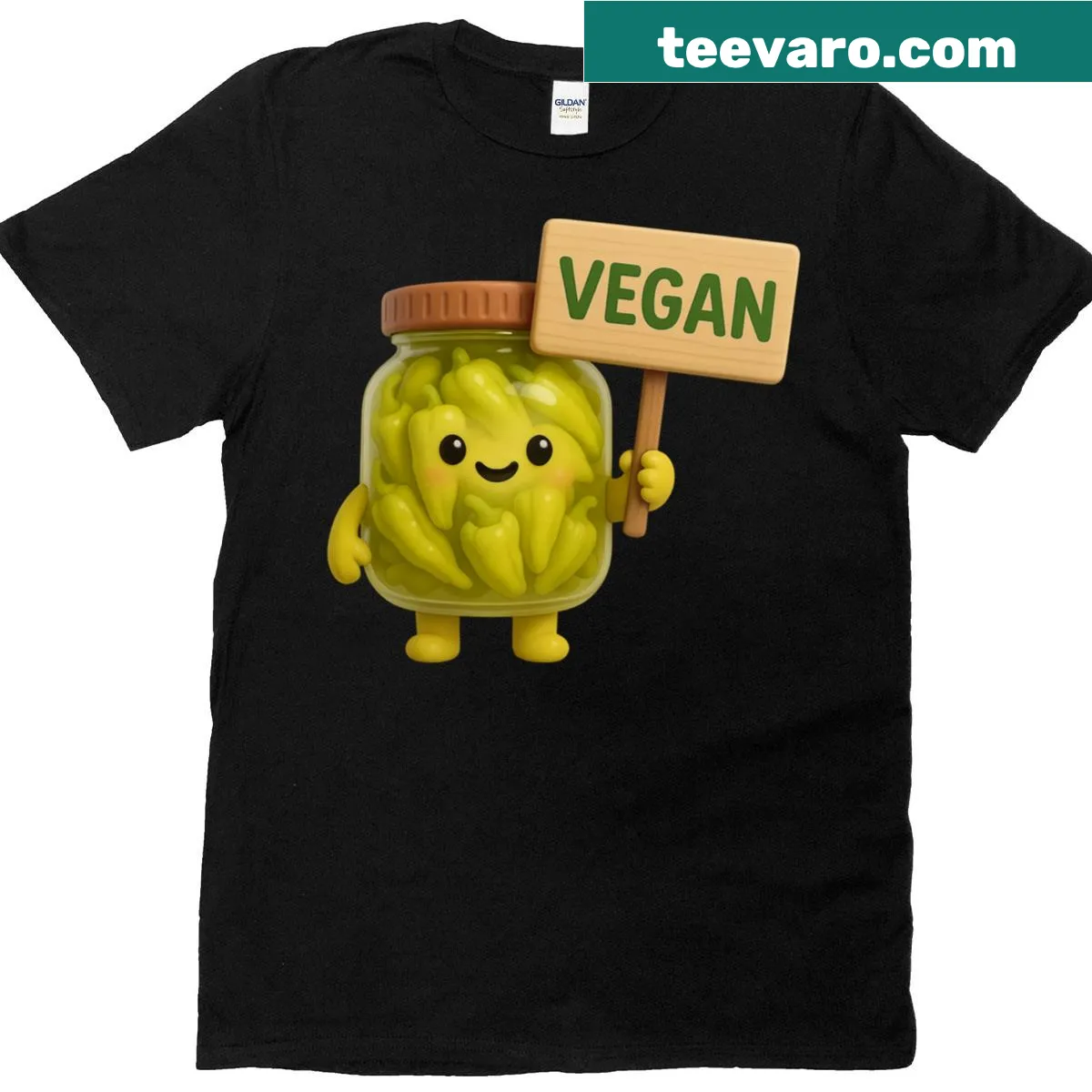 Oversized t-shirt featuring a cartoon jar of pepperoncinis holding a vegan sign. — on a men's t-shirt