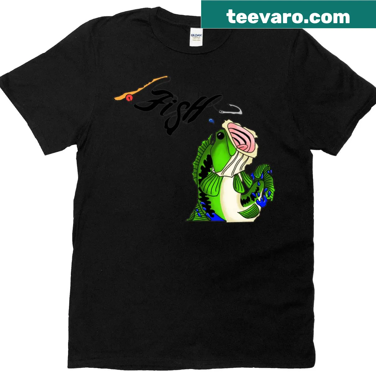 Oversized T-shirt featuring a large mouth bass fishing graphic. — on a men's t-shirt