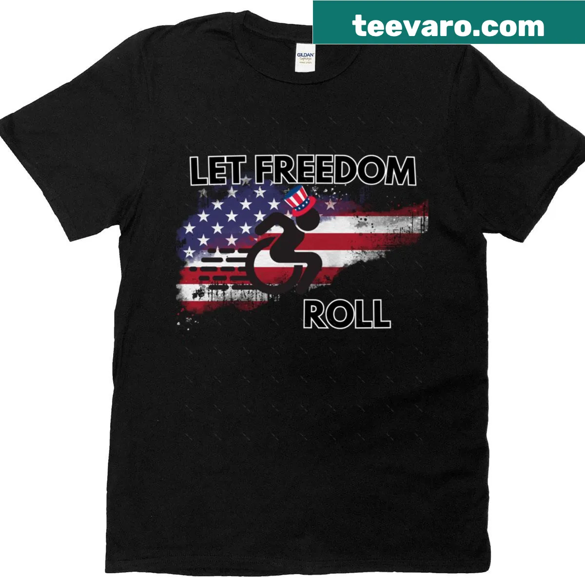 Patriotic oversized t-shirt with wheelchair design for Independence Day — on a men's t-shirt