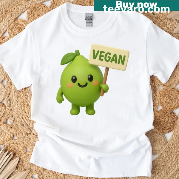 Cartoon lime with a vegan sign on a playful t-shirt