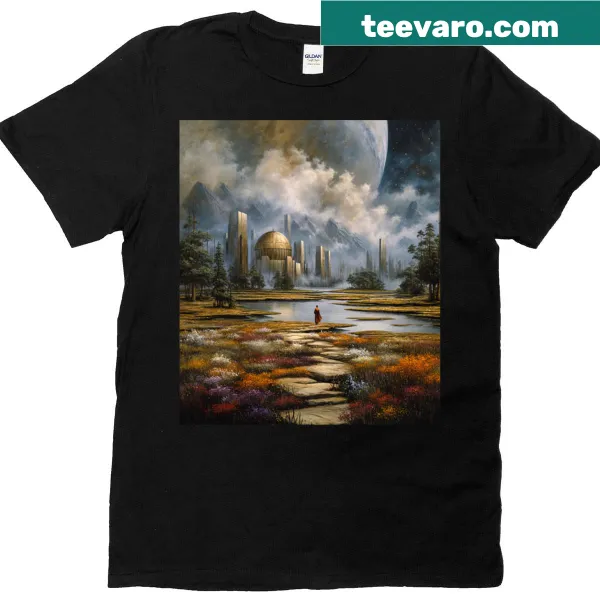 Illustrated oversized tee featuring an alien sanctuary in a starry space setting
