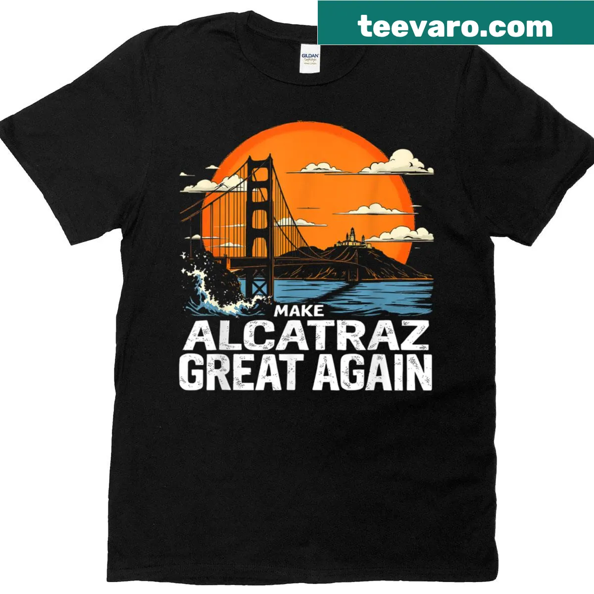 Funny T-shirt with a retro graphic referencing Alcatraz and political humor. — on a men's t-shirt