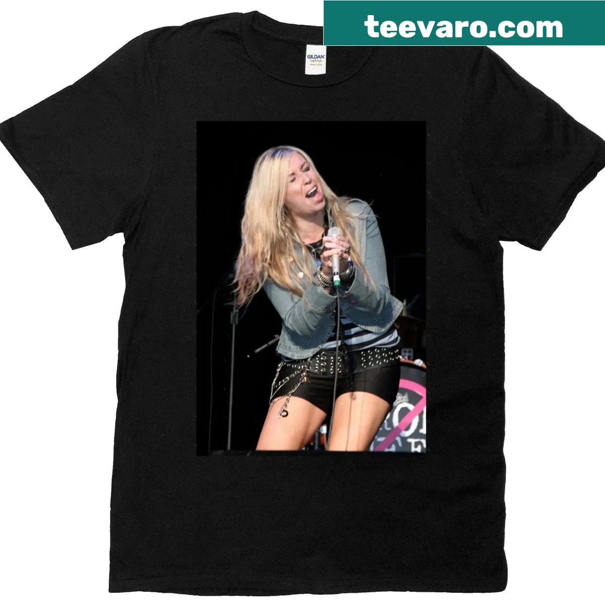 Photograph of Marti Dodson from Saving Jane on oversized T-shirt — on a men's t-shirt