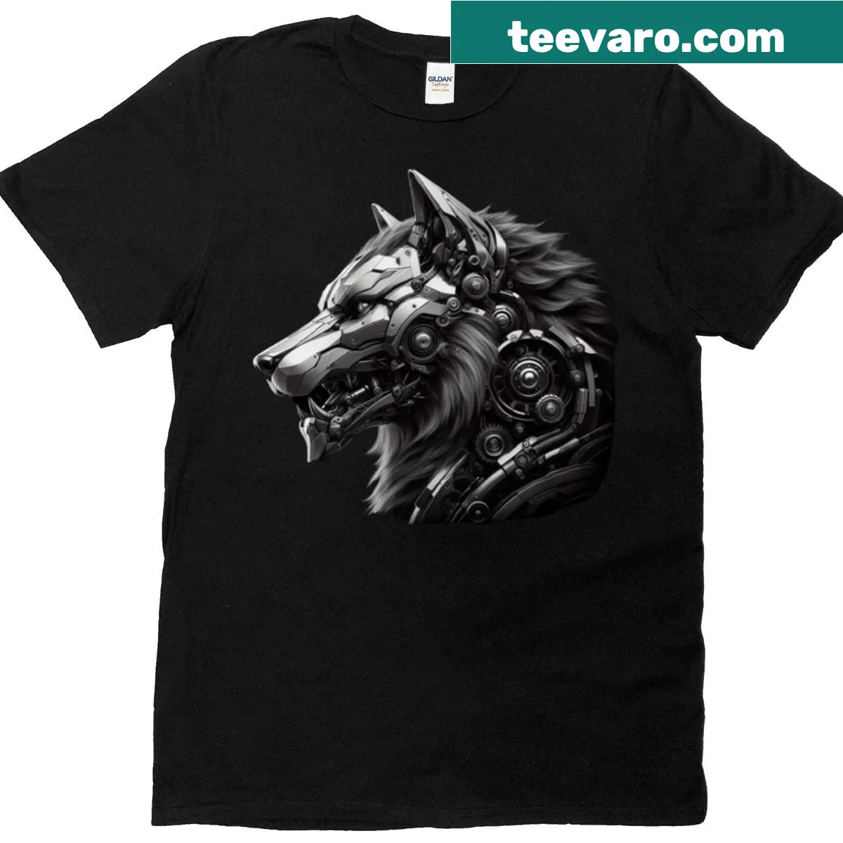 T-shirt featuring an illustrated mechanical wolf design — on a men's t-shirt