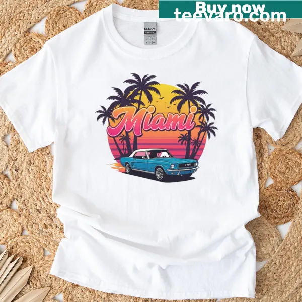 Illustration of a Mustang car on a Miami-themed T-shirt