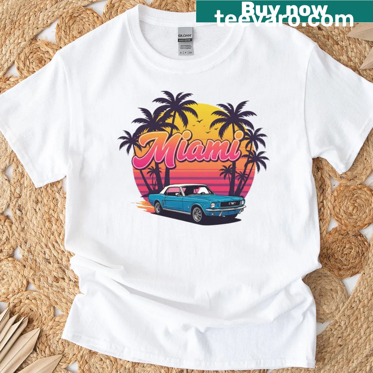 Illustration of a Mustang car on a Miami-themed T-shirt — on a men's t-shirt