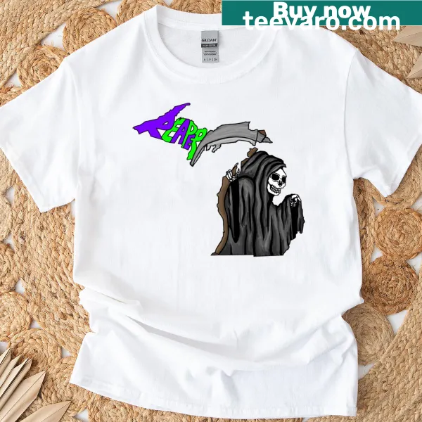 Grim Reaper illustration on a Michigan-themed T-shirt