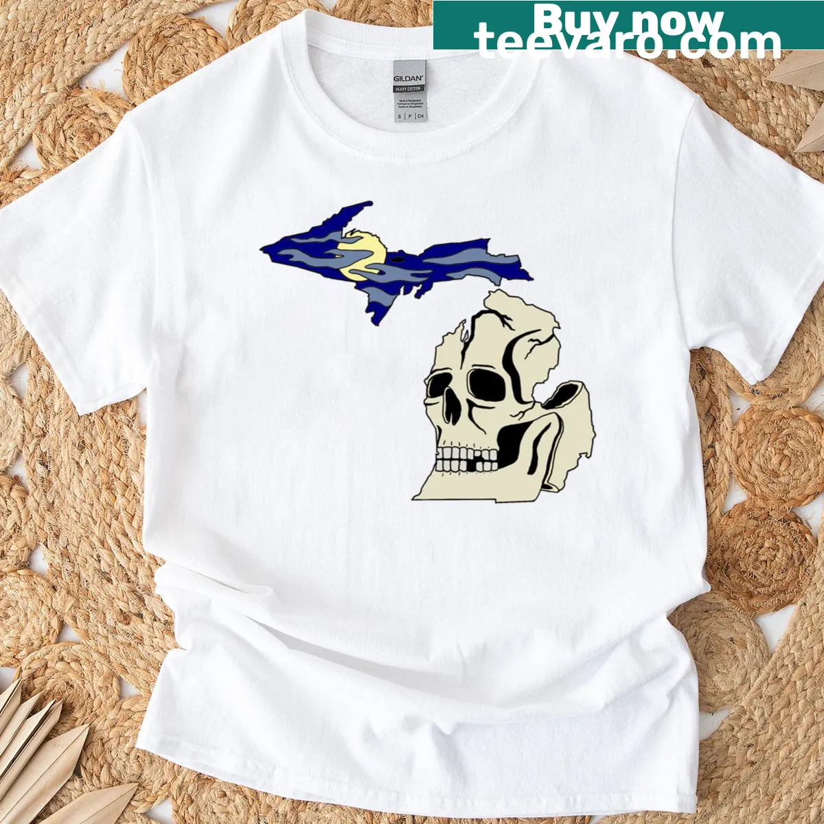 Distressed Michigan skull graphic on a T-shirt — on a men's t-shirt