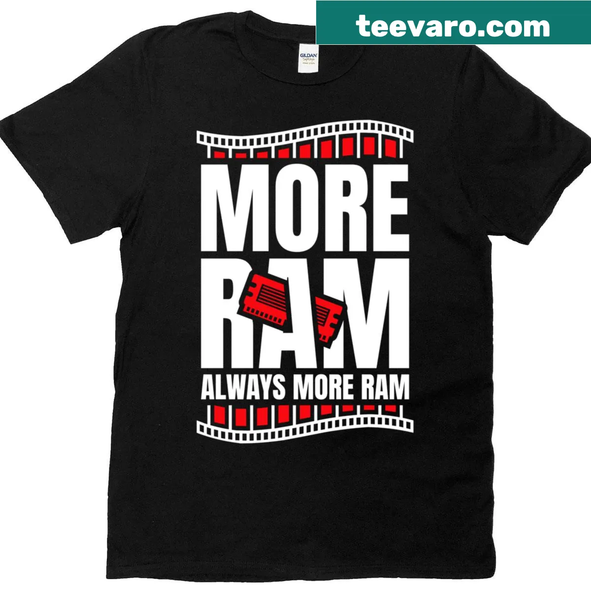 Funny T-shirt for filmmakers saying 'More Ram Always More Ram' in bold text — on a men's t-shirt