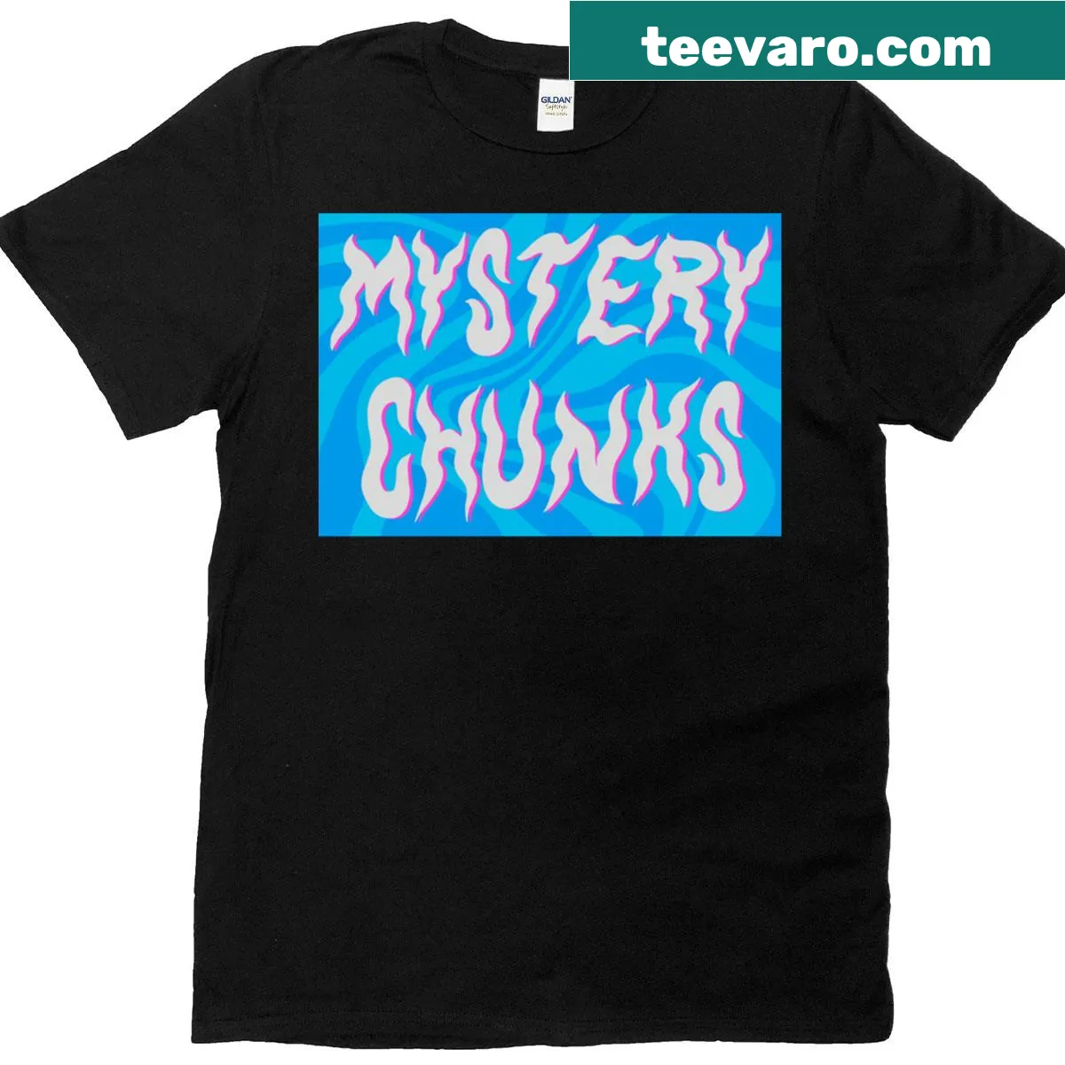 T-shirt featuring Mysterychunks logo and artistic wave design — on a men's t-shirt
