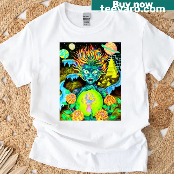 Whimsical alien illustration on a T-shirt