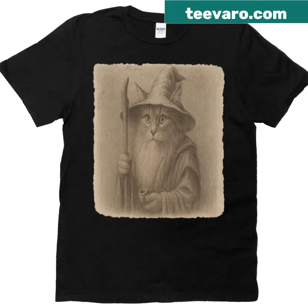 T-shirt featuring a whimsical wizard cat drawing in sepia tones