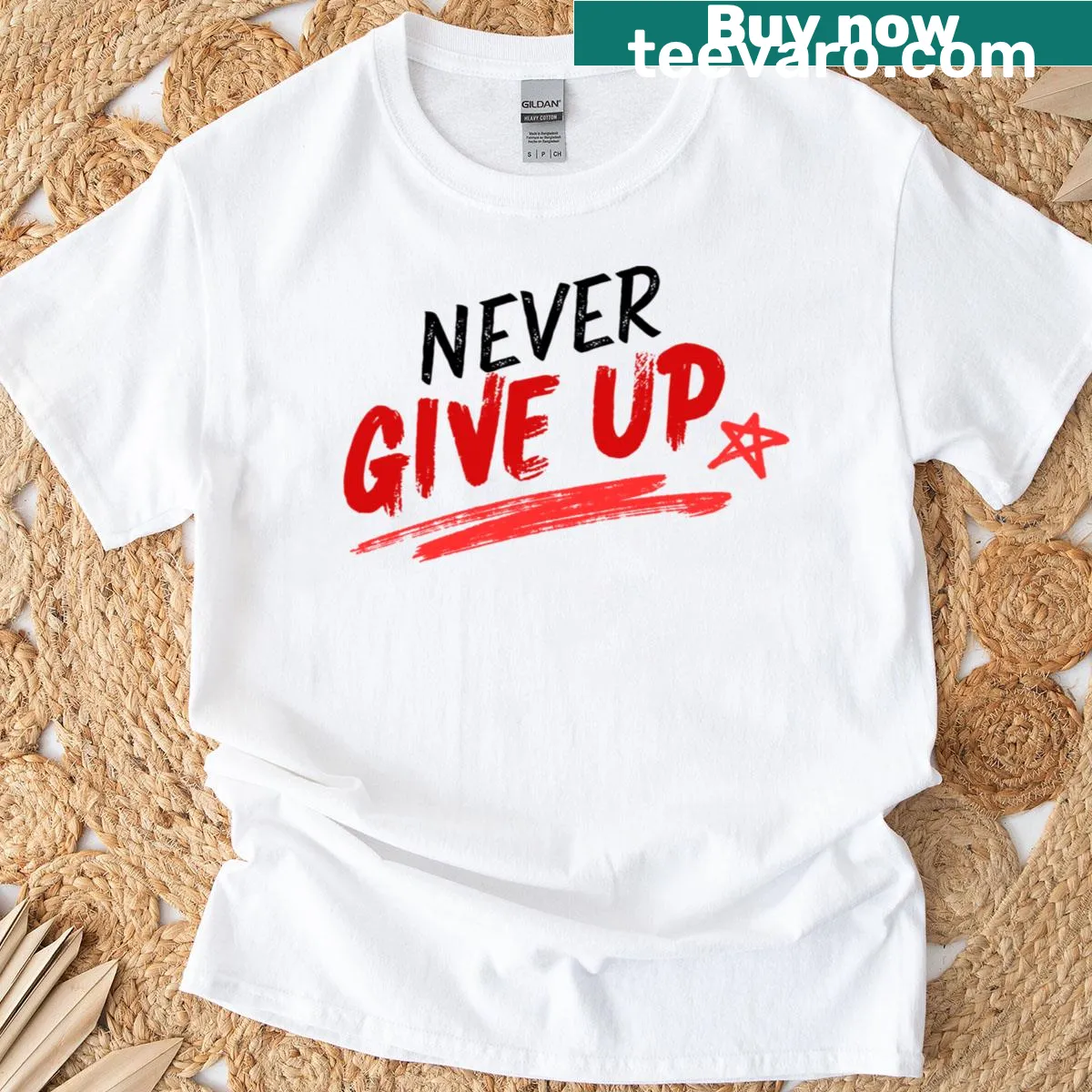 T-shirt with the motivational phrase 'Never Give Up' — on a men's t-shirt