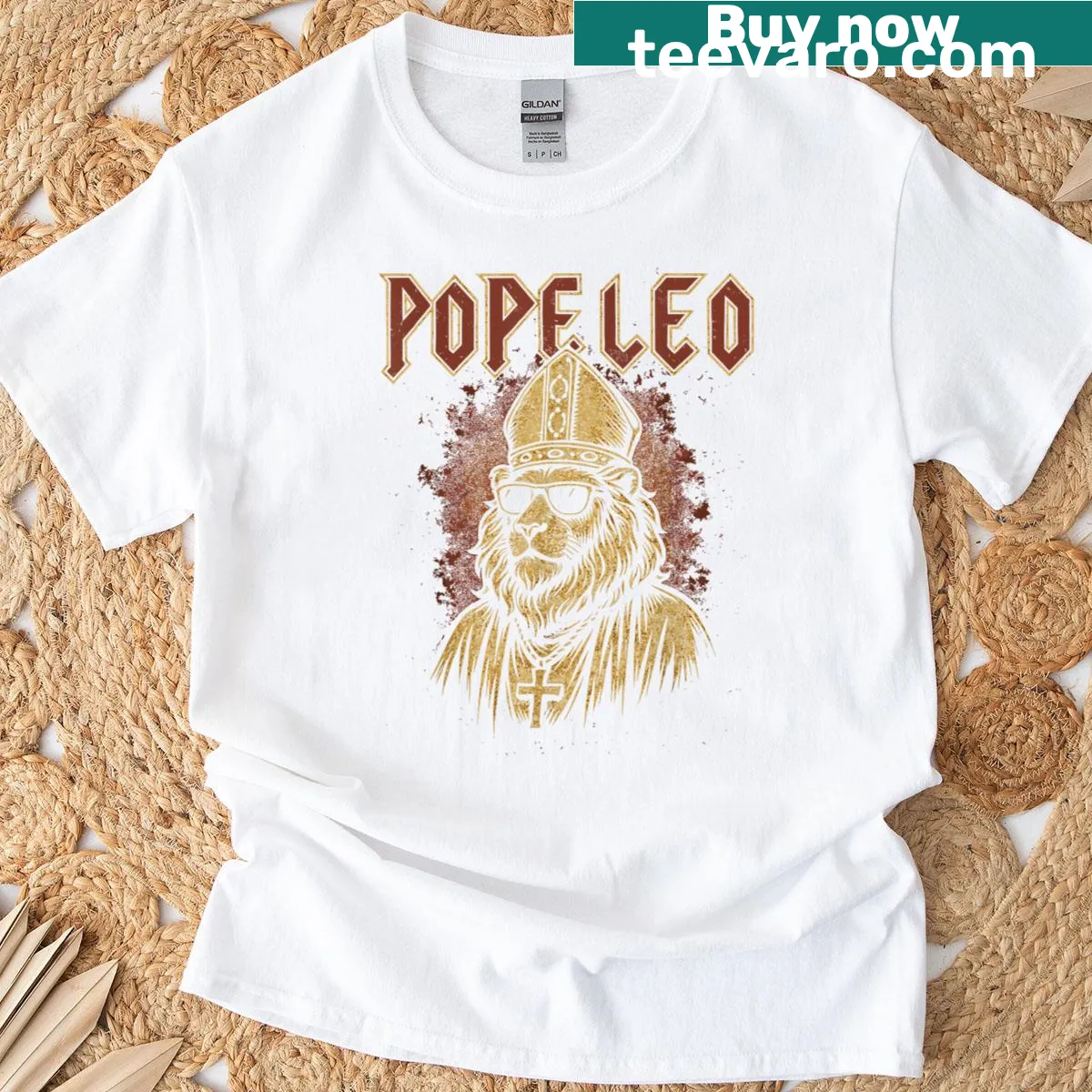 Illustration of Pope Leo XIV with modern American themes on a t-shirt — on a men's t-shirt