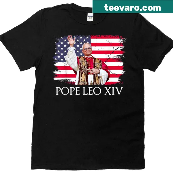 T-shirt featuring the phrase 'New Pope Leo XIV' alongside the American flag.