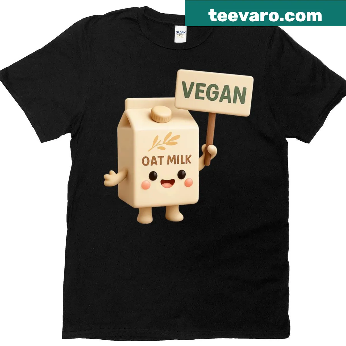 Oat milk carton with a vegan sign on an oversized T-shirt — on a men's t-shirt