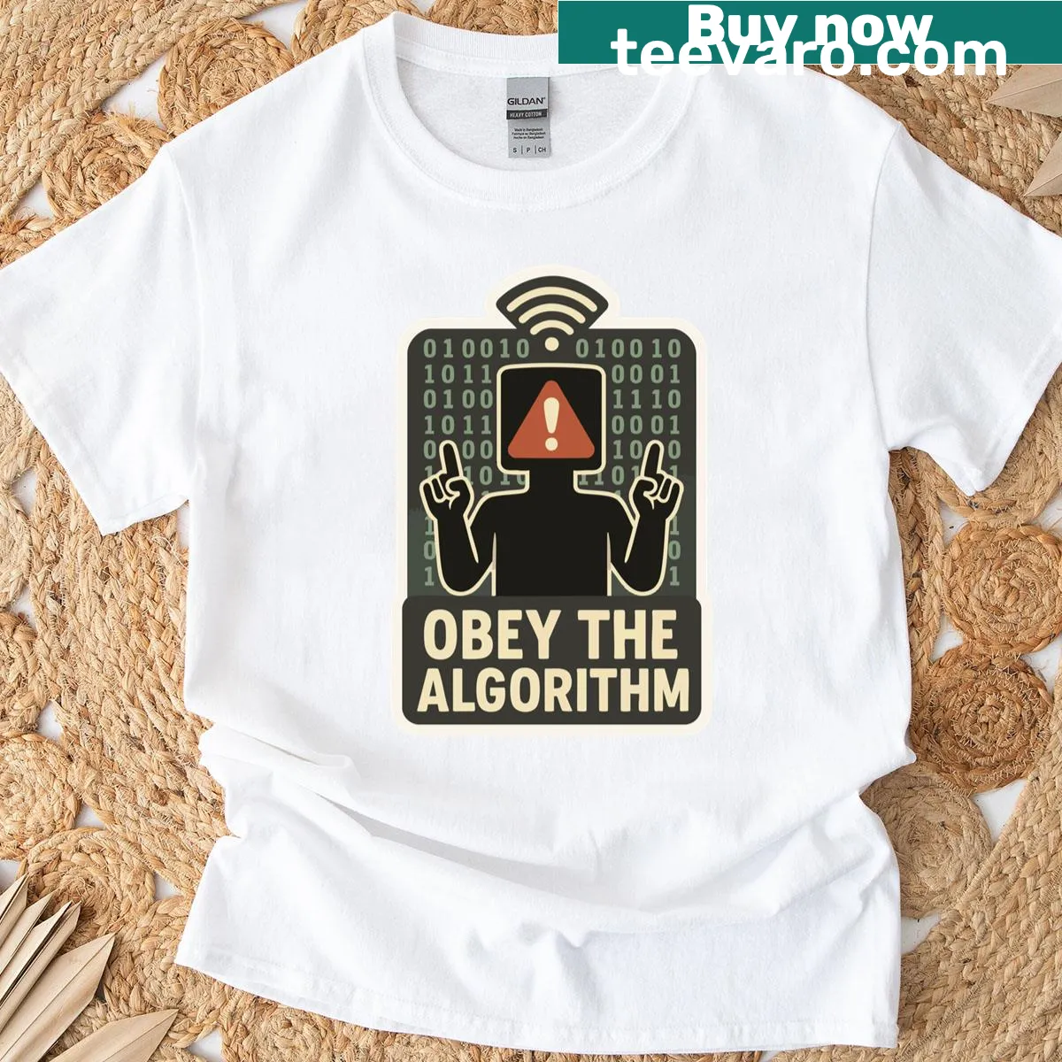 Bold Obey The Algorithm t-shirt with modern typography — on a men's t-shirt