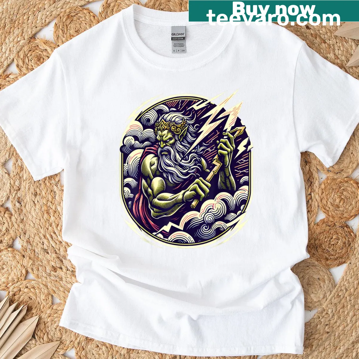 Fantasy-themed T-shirt featuring Orc Zeus and thunderbolts — on a men's t-shirt