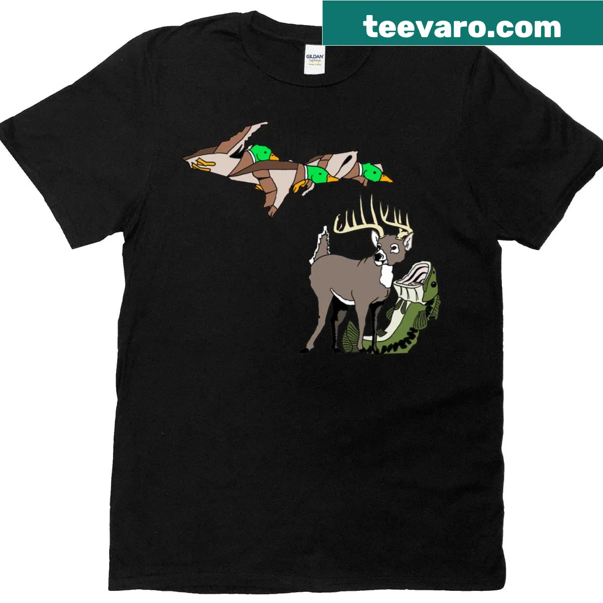 Vintage design featuring deer, duck, and fish on an oversized T-shirt — on a men's t-shirt