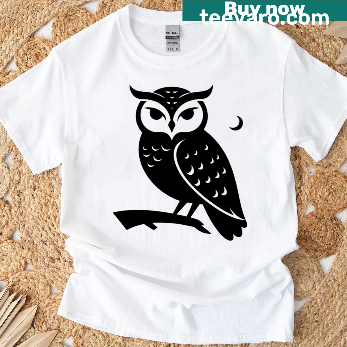 Minimalist Halloween T-shirt with an owl on a branch illustration — on a men's t-shirt