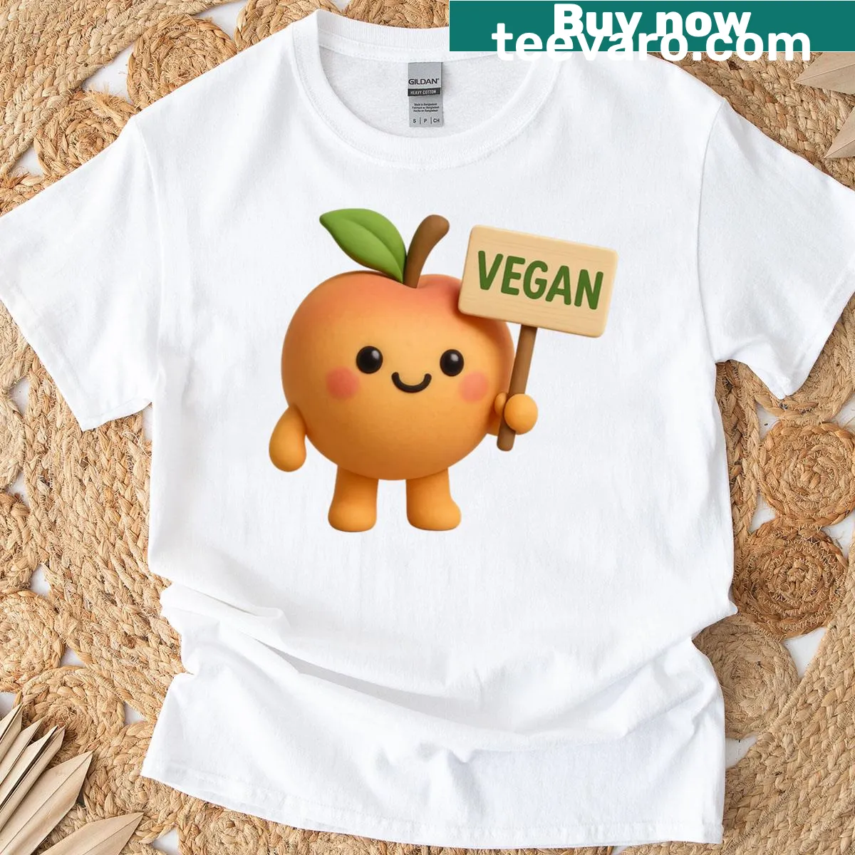Illustrated peach holding a sign advocating for veganism — on a men's t-shirt