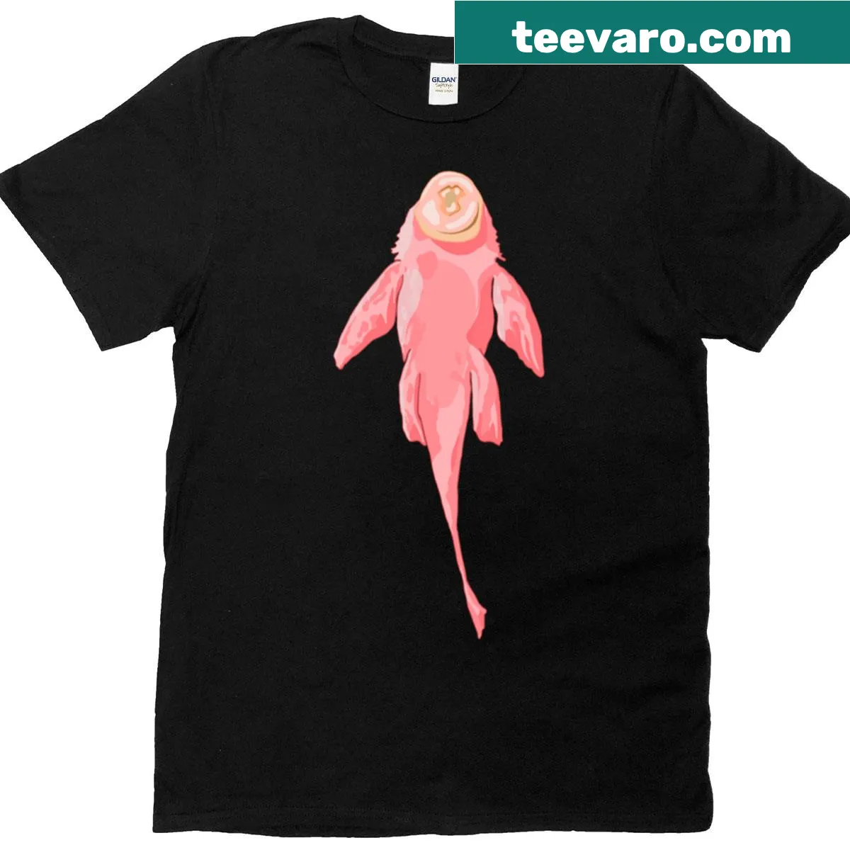 Oversized T-shirt with a cartoon fish design clinging to the wearer — on a men's t-shirt