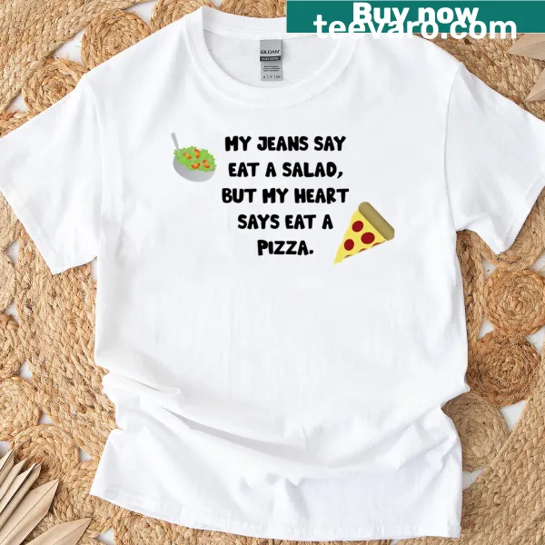 Whimsical typography t-shirt debating pizza or salad