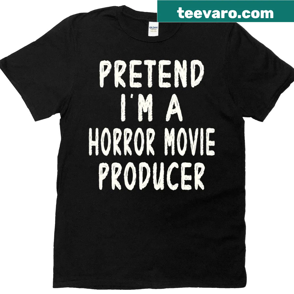 Fun T-shirt featuring a playful design inspired by horror movie producers — on a men's t-shirt