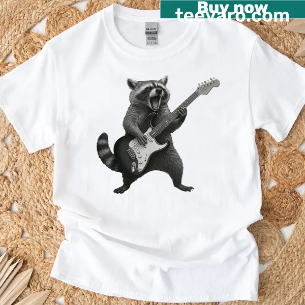Illustration of a raccoon playing a guitar in a rock and roll style
