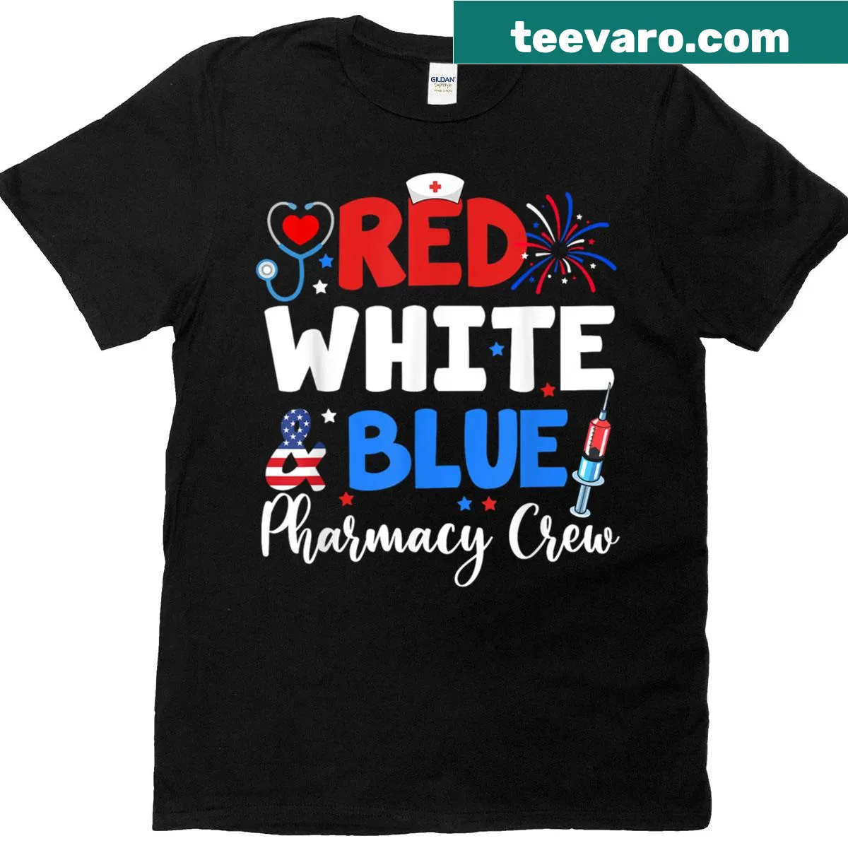 Funny Fourth Of July nurse T-shirt with 'Pharmacy Crew' text — on a men's t-shirt