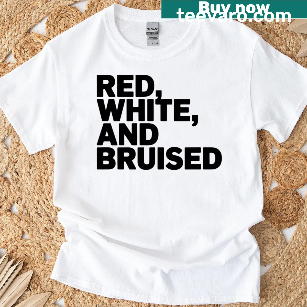 Humorous t-shirt with the phrase Red White And Bruised — on a men's t-shirt