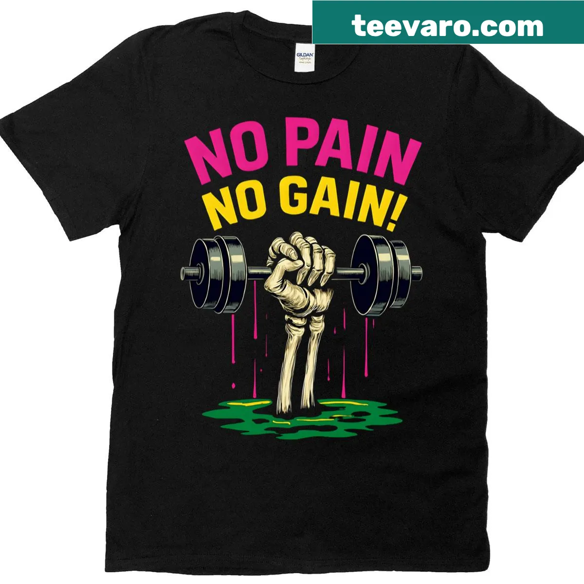 T-shirt featuring a skeleton hand holding a neon barbell illustration — on a men's t-shirt