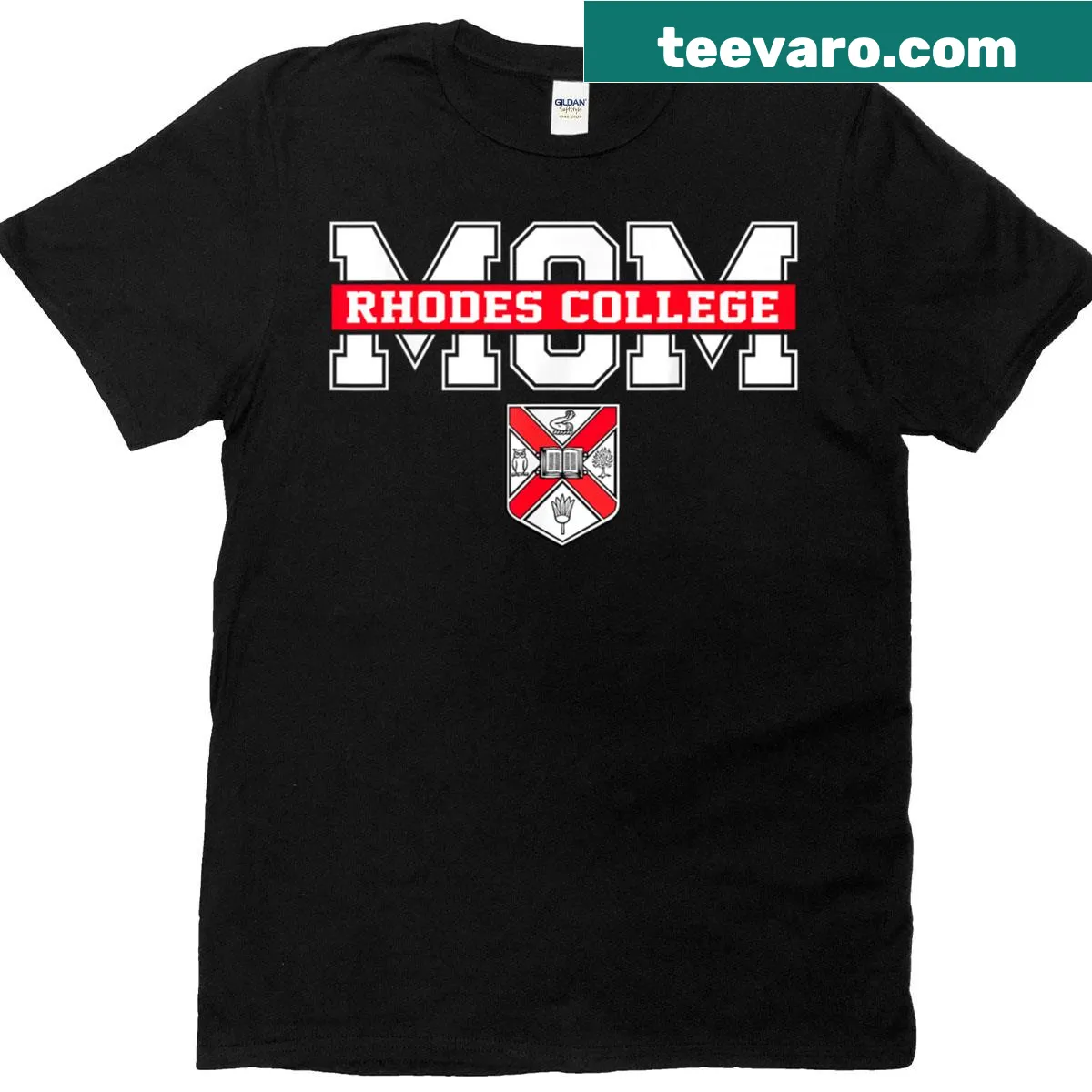 Vintage-style T-shirt with an arch design celebrating Rhodes College Moms. — on a men's t-shirt