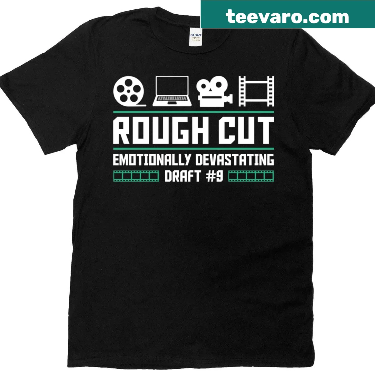Filmmaker t-shirt with 'Rough Cut Editor' typography design — on a men's t-shirt