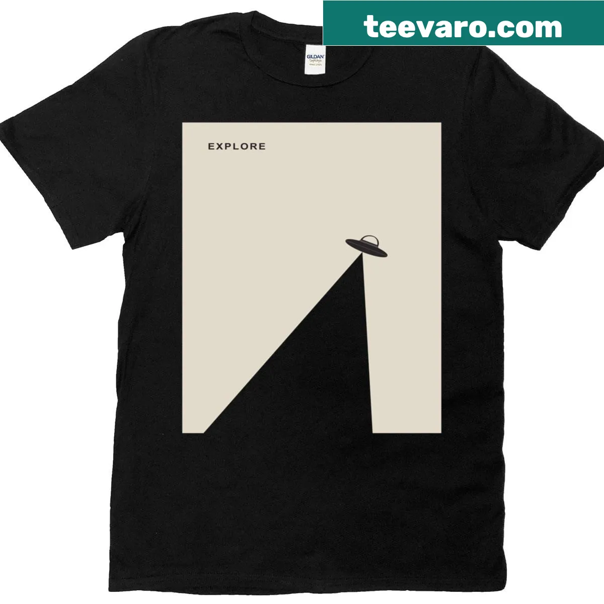 Retro sci-fi UFO spaceship T-shirt with playful moon design — on a men's t-shirt